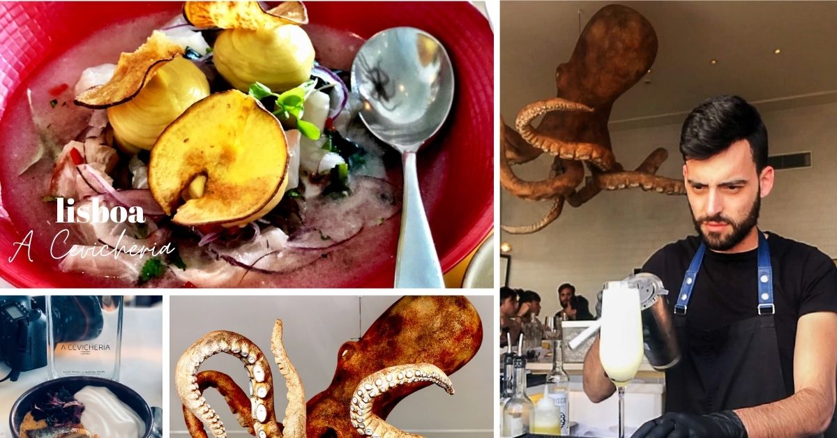 Cevichria Lisbon, waiter making pisco sour, ceviche on a plate a giant octopus hanging from the ceiling.