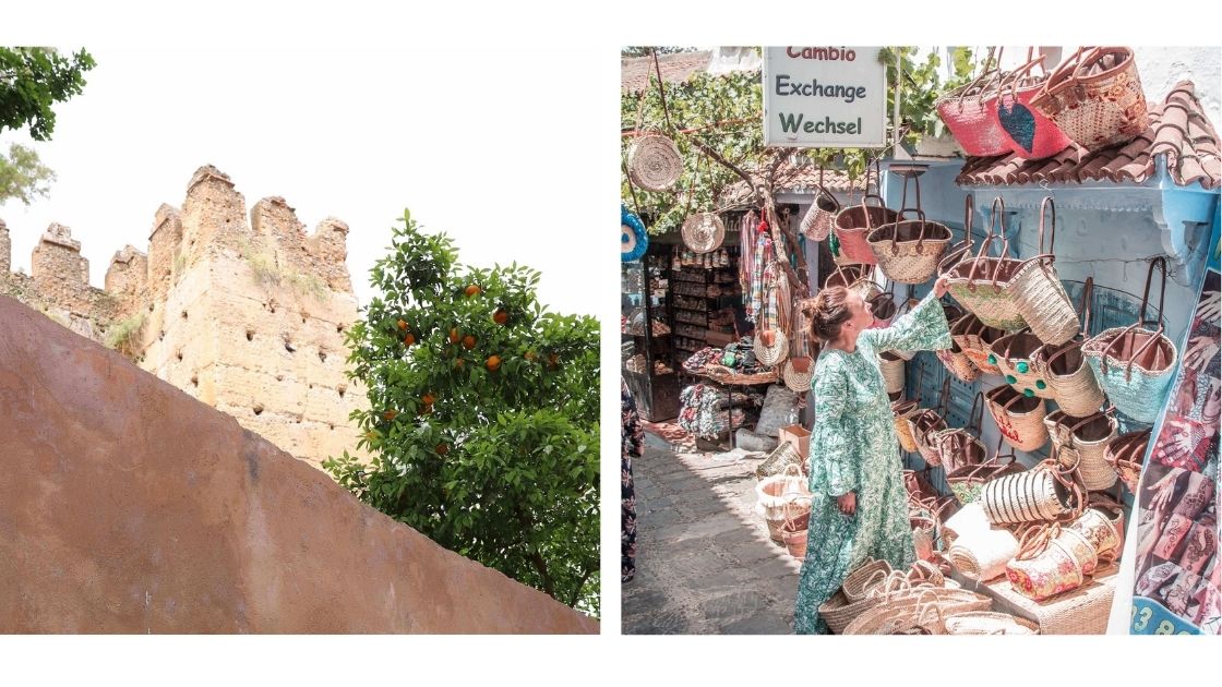 Kashbah festningen i Chefchaouen. Tre med appelsiner og fargerike vesker utenfor butikk. 