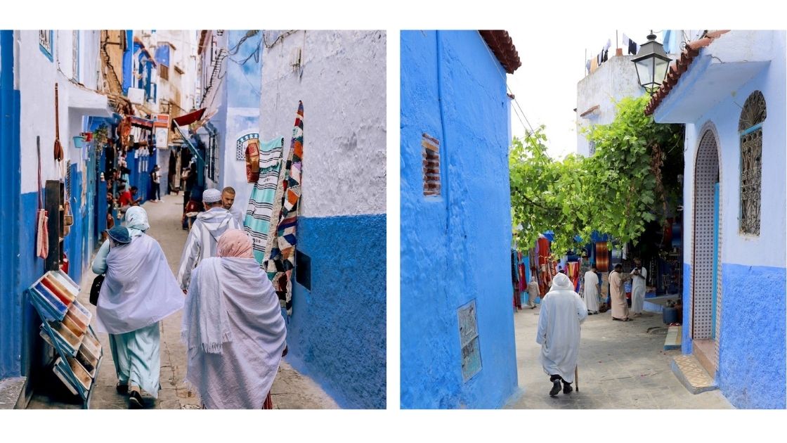 Medina Marokko hvor lokalbefolkningen går gjennom gatene helt tildekket med skjal på kropp og hode. 