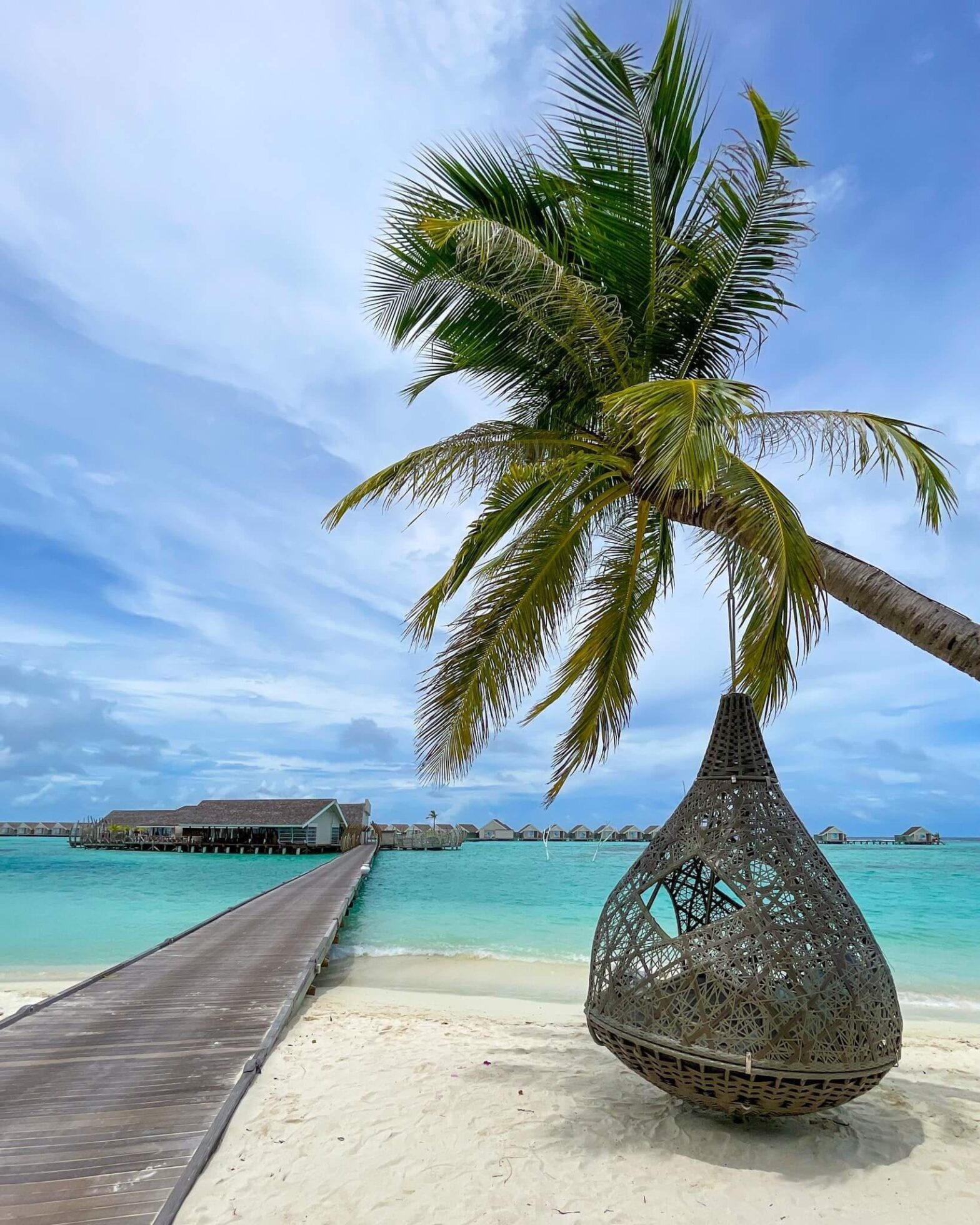 Strand og turkist hav, palme, gangbro og resort på LUX South Ari Atoll Maldivene.