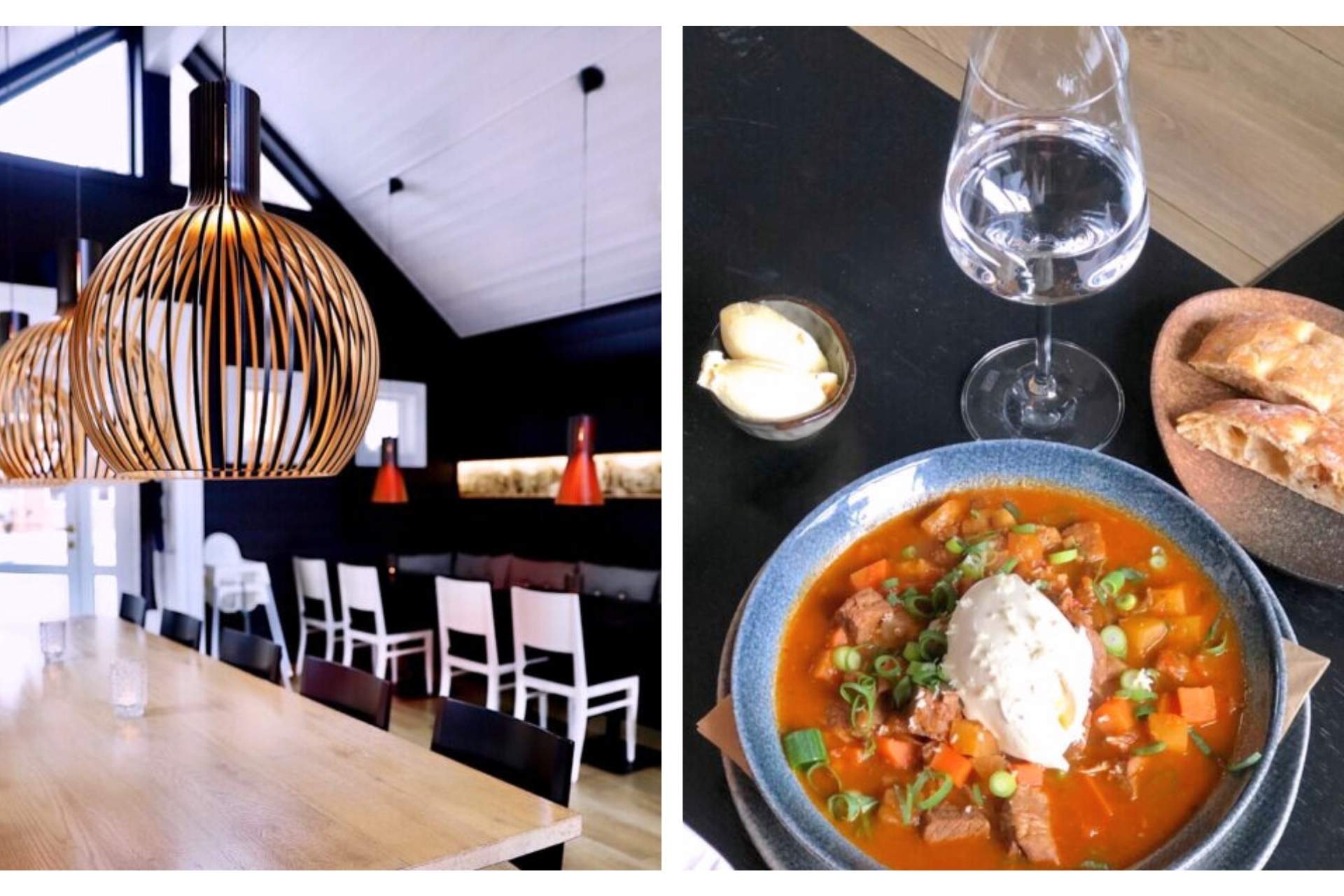 Interiør og servering hos Brasserie Posten, restaurant i Geiranger.