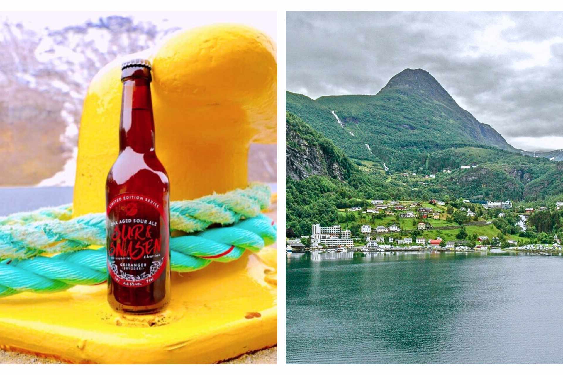 Utsikt over Geiranger med Geirangerfjorden og fjellene rundt. Nærbilde av en flaske lokalt øl.