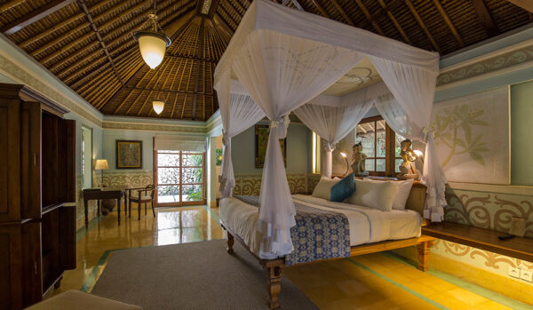 Beautiful traditional Indonesian style room and bed at Plataran Canggu Bali.