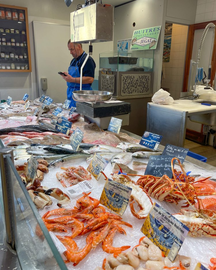 Fisk og skalldyr i disken på markedet midt i byen av Vannes Bretagne. 