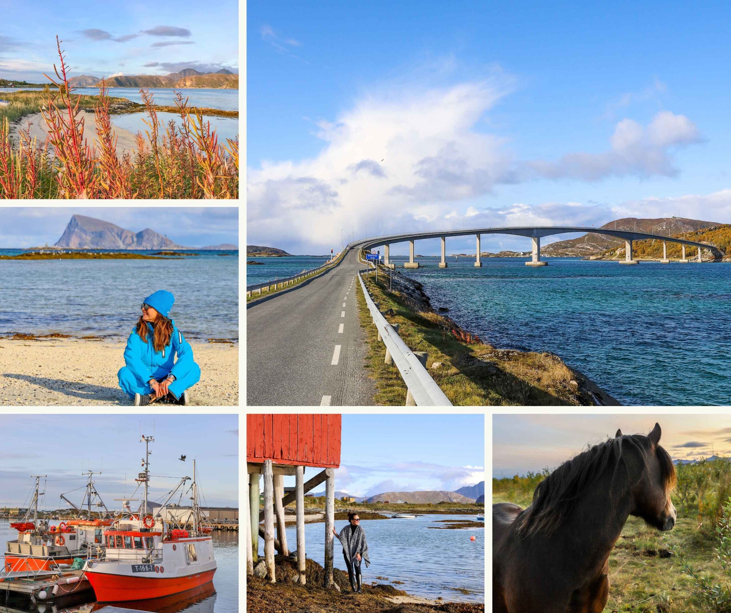 Sommaroy Troms bro, dame, hest, båter, naust og hav. 