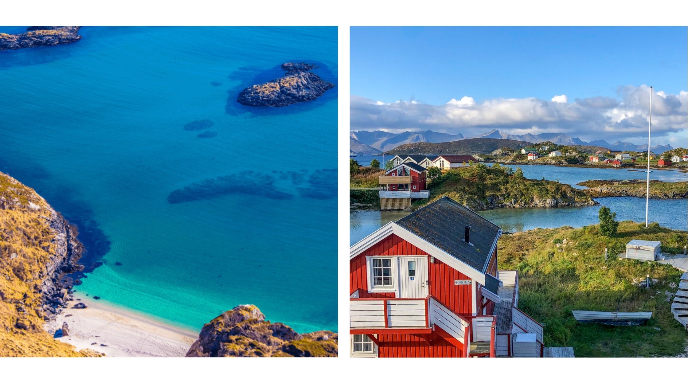 Strand med turkist hav og rødmalt rorbu ved havet Sommarøy Troms. 