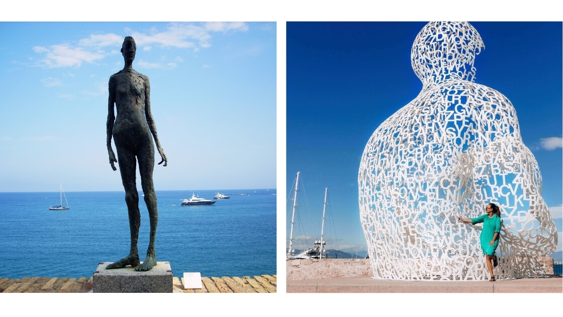 Statuer av menneske og Le Nomade i Antibes port.