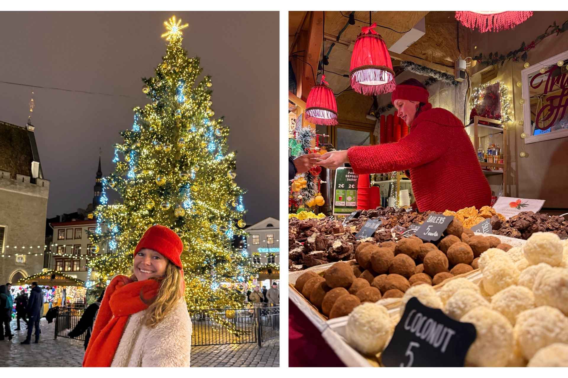På julemarkedet i Tallinn foran juletreet, og bod med estiske søtsaker på rådhusplassen.
