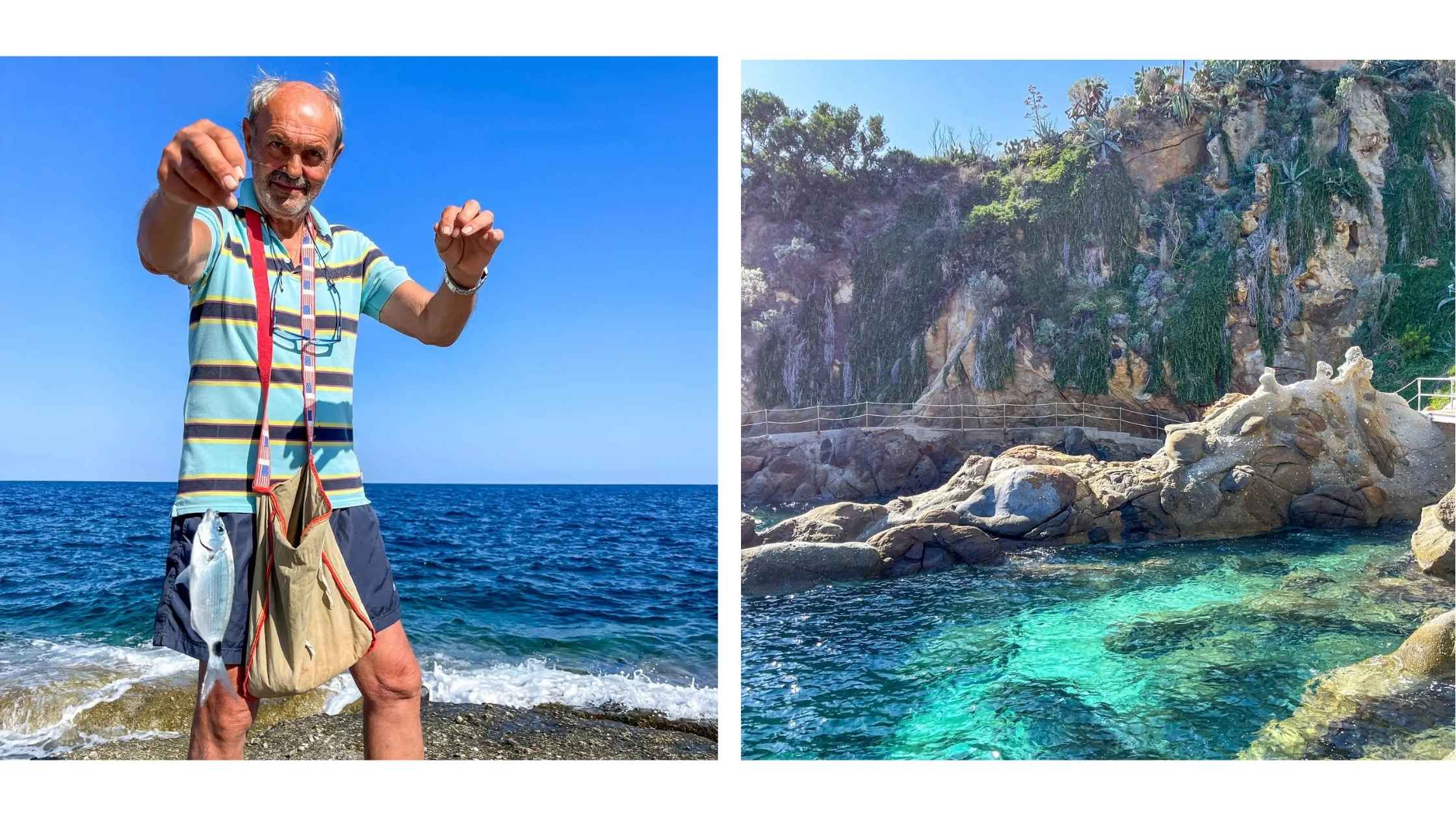 Mann viser frem fisk han har fisket på klippenene på Elba. 
