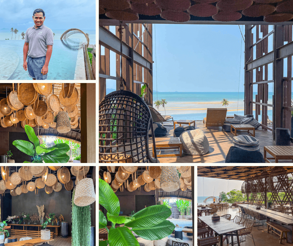 Loungeområde og infinity-basseng på The Mak Trat Koh Mak med bambusdetaljer, kurvlamper og havutsikt.