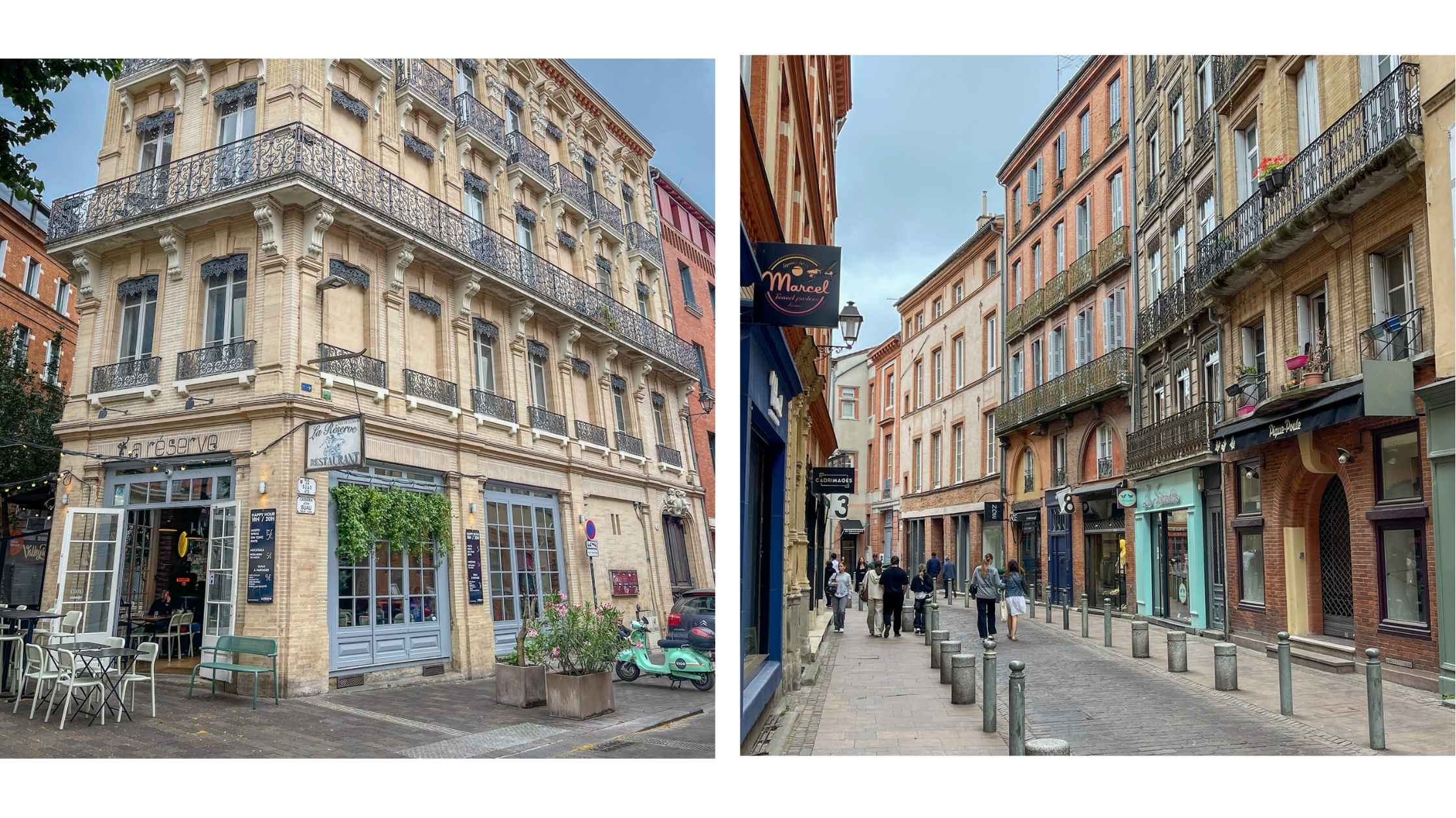 Bygater i Toulouse, sjarmerende kafeer og mursteinshus i rosatoner.