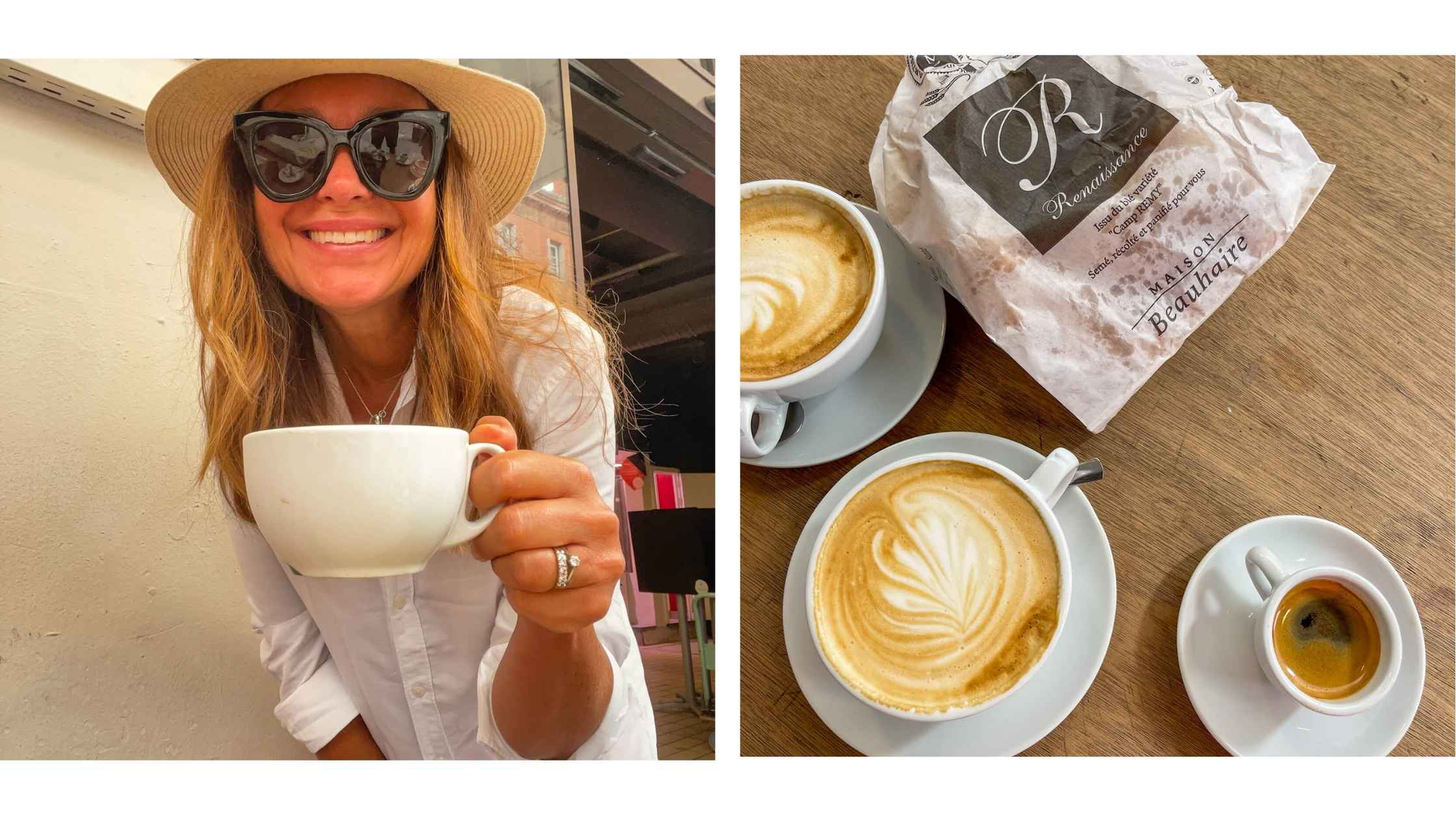 Dame med kaffekopp på på marked i Frankrike.