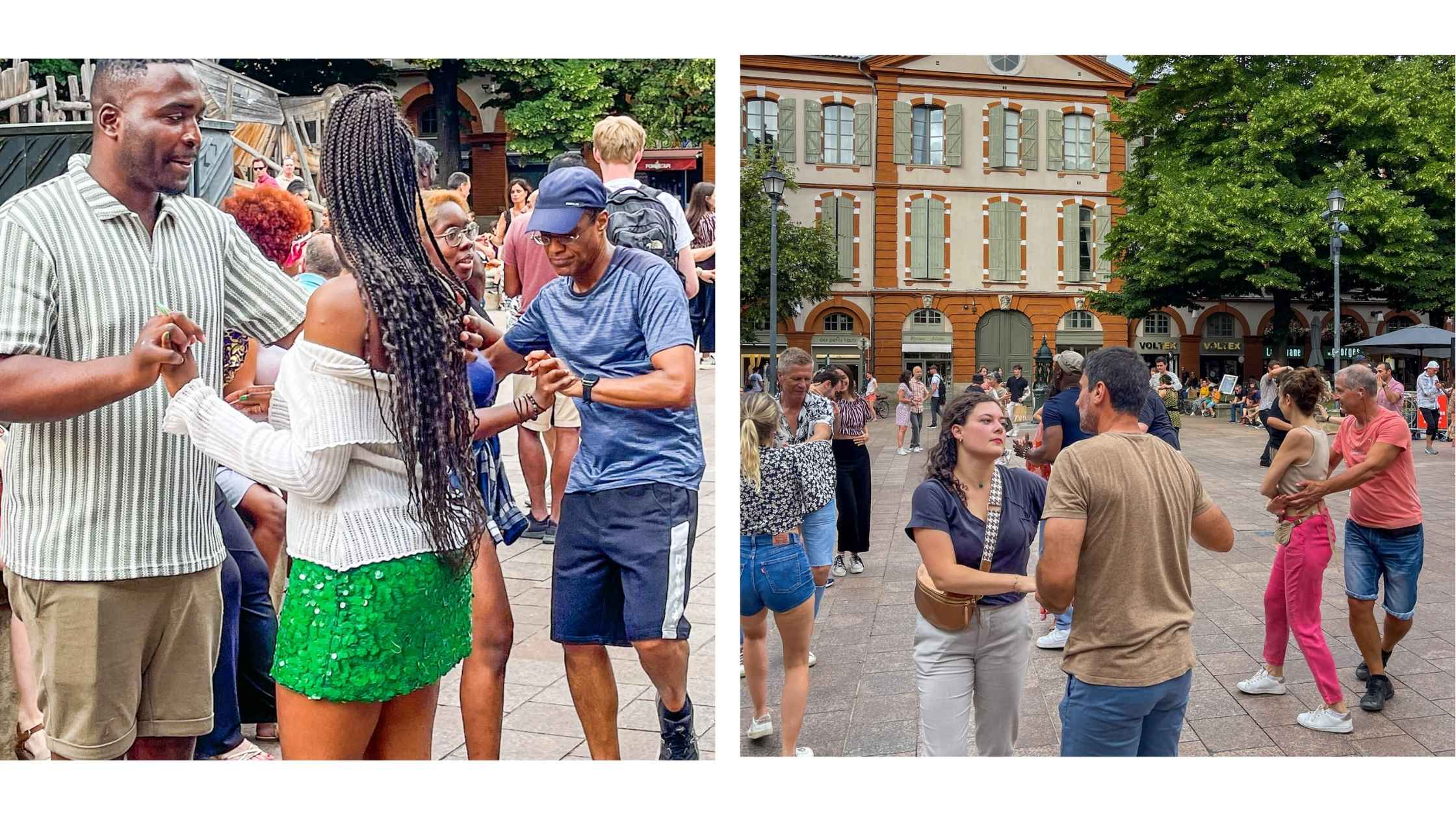 Par som danser på torg og i gatene i Toulouse.