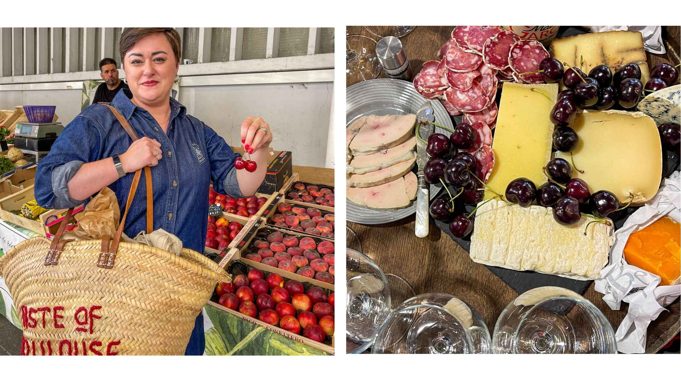 Franske oster og frukt på matmarked i Frankrike.