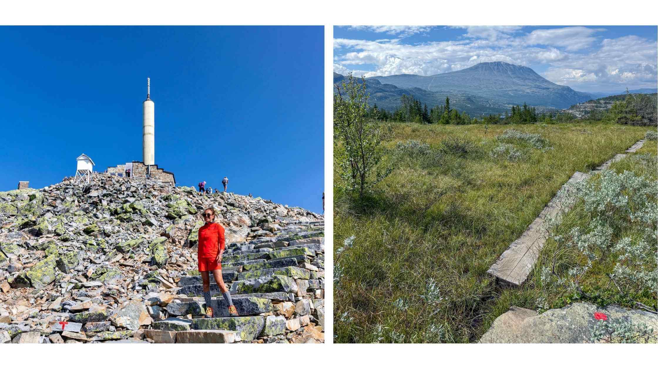 Dame i røde turklær på toppen og stien og utsikten opp mot toppen. 