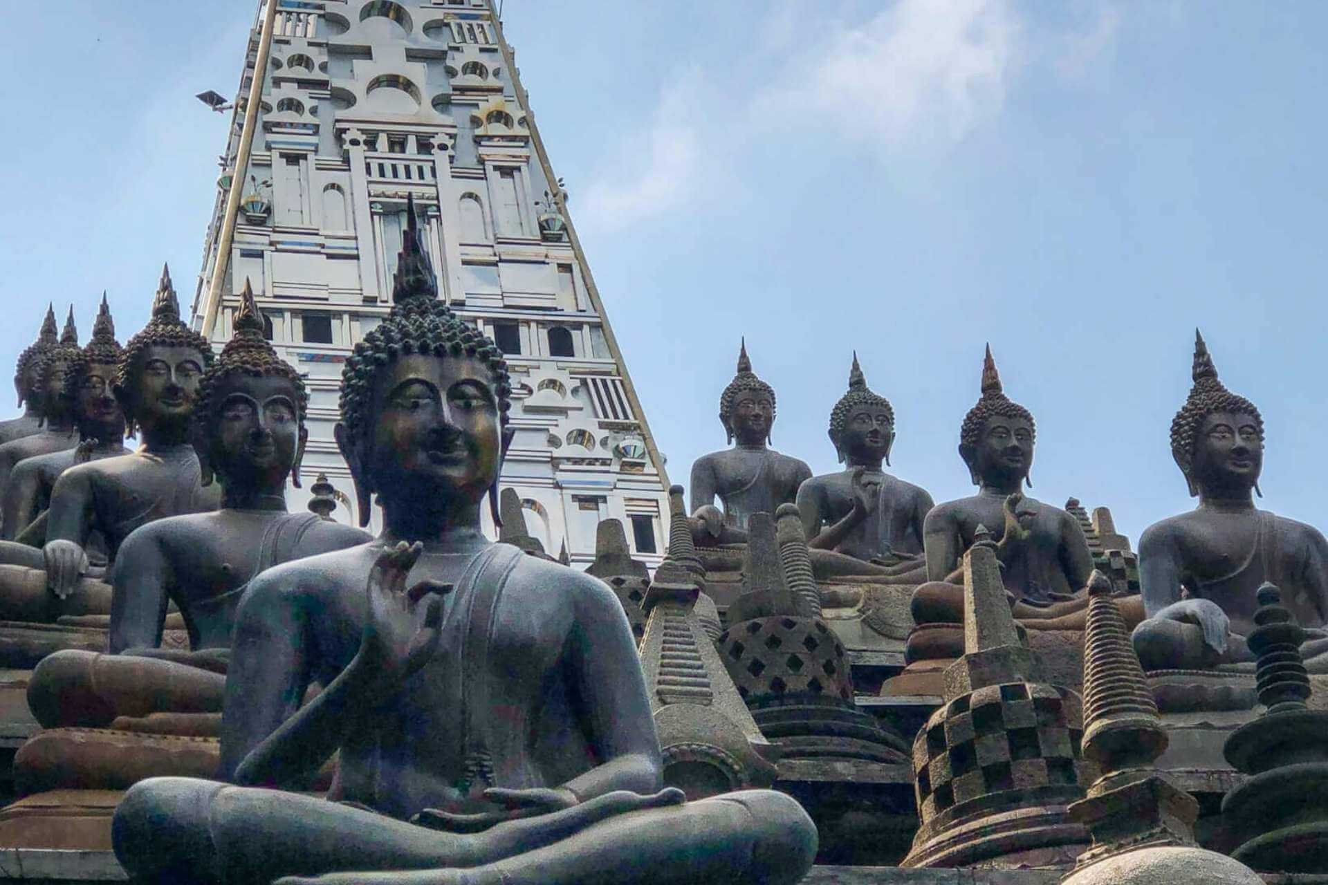 Buddha-statuer ved et buddhistisk tempel i Colombo, Sri Lankas pulserende hovedstad