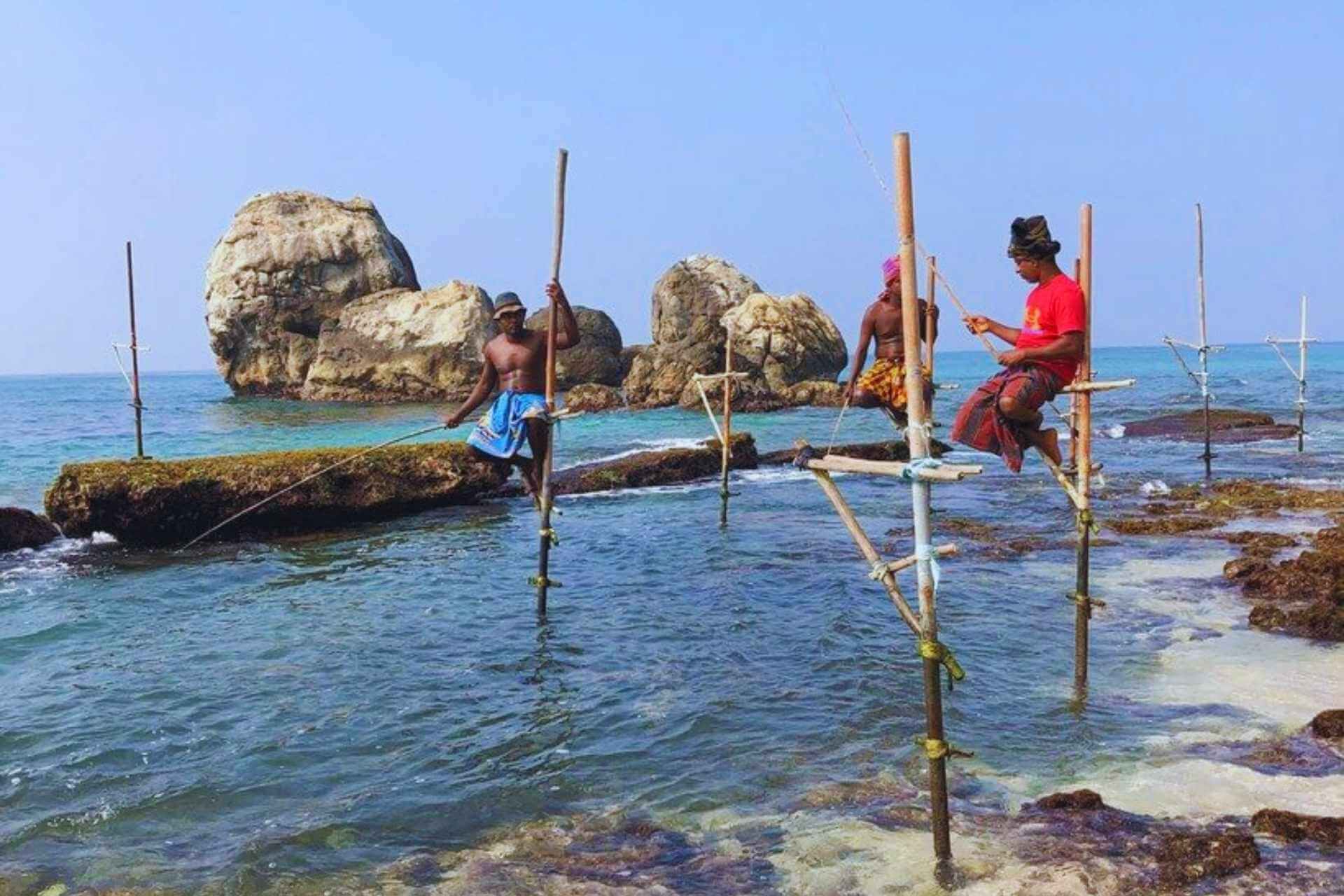 Tradisjonelle stilt fishermen fisker langs s&oslash;rkysten av Sri Lanka, en flere hundre &aring;r gammel fiskemetode