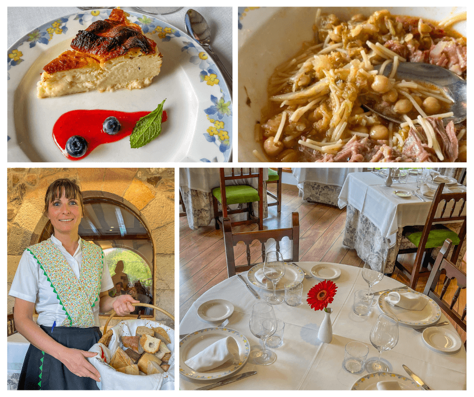 Hotel del Oso i Cantabria serverer bondekost. Den kvinnelige servitøren har en lokal hverdagsbunad og holder en kurv med hjemmebakt brød. 