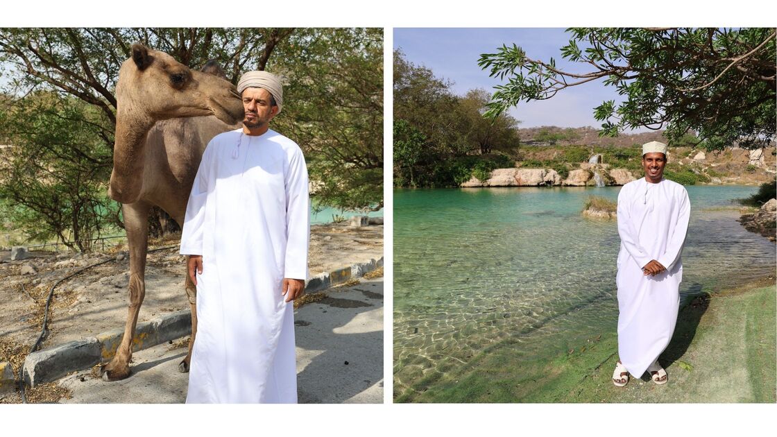 Innsjoen Wadi Darbat, lokale menn og dromedar