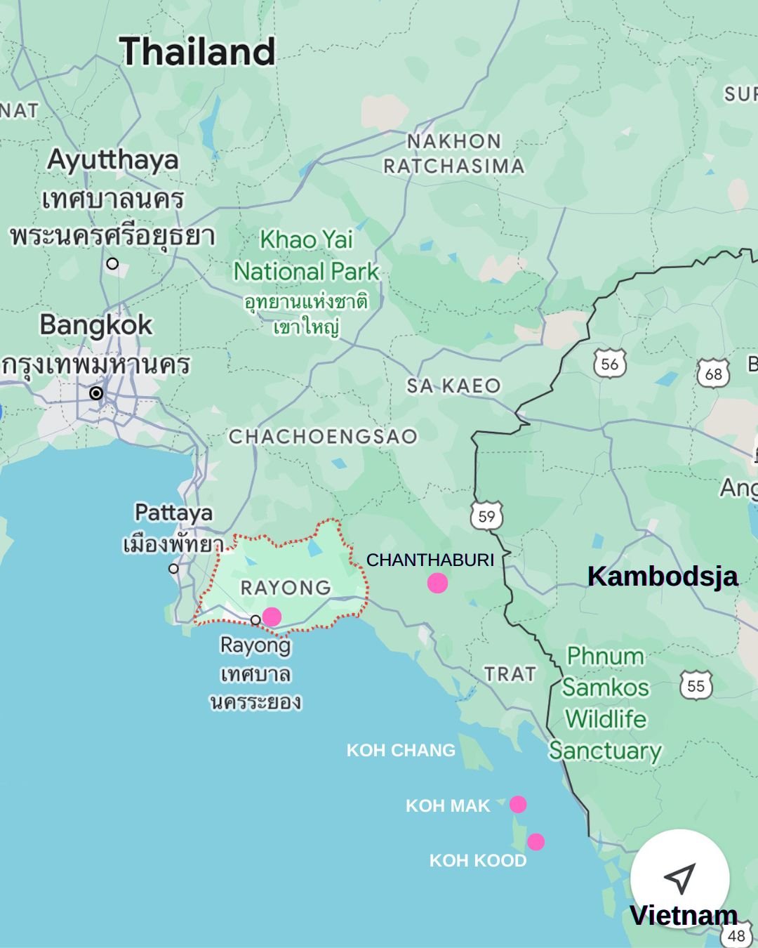 Kart over Thailand som viser Rayong, Chantaburi, Koh Mak og Koh Kood.