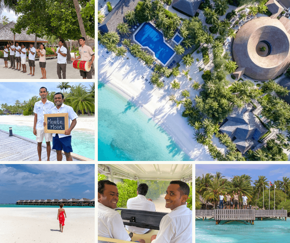 Resorten Meeru Island - overblikk og velkomsten til øya. Smilende ansatte med godt humør og god service. 