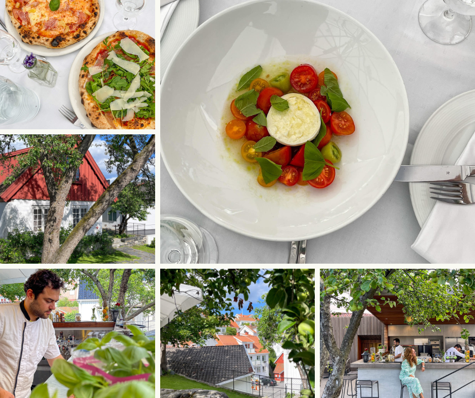 Pizza med skinke og ruccula og pizza med ost og tomat. En burrata med tomater servert i den hyggelige restauranthagen. 