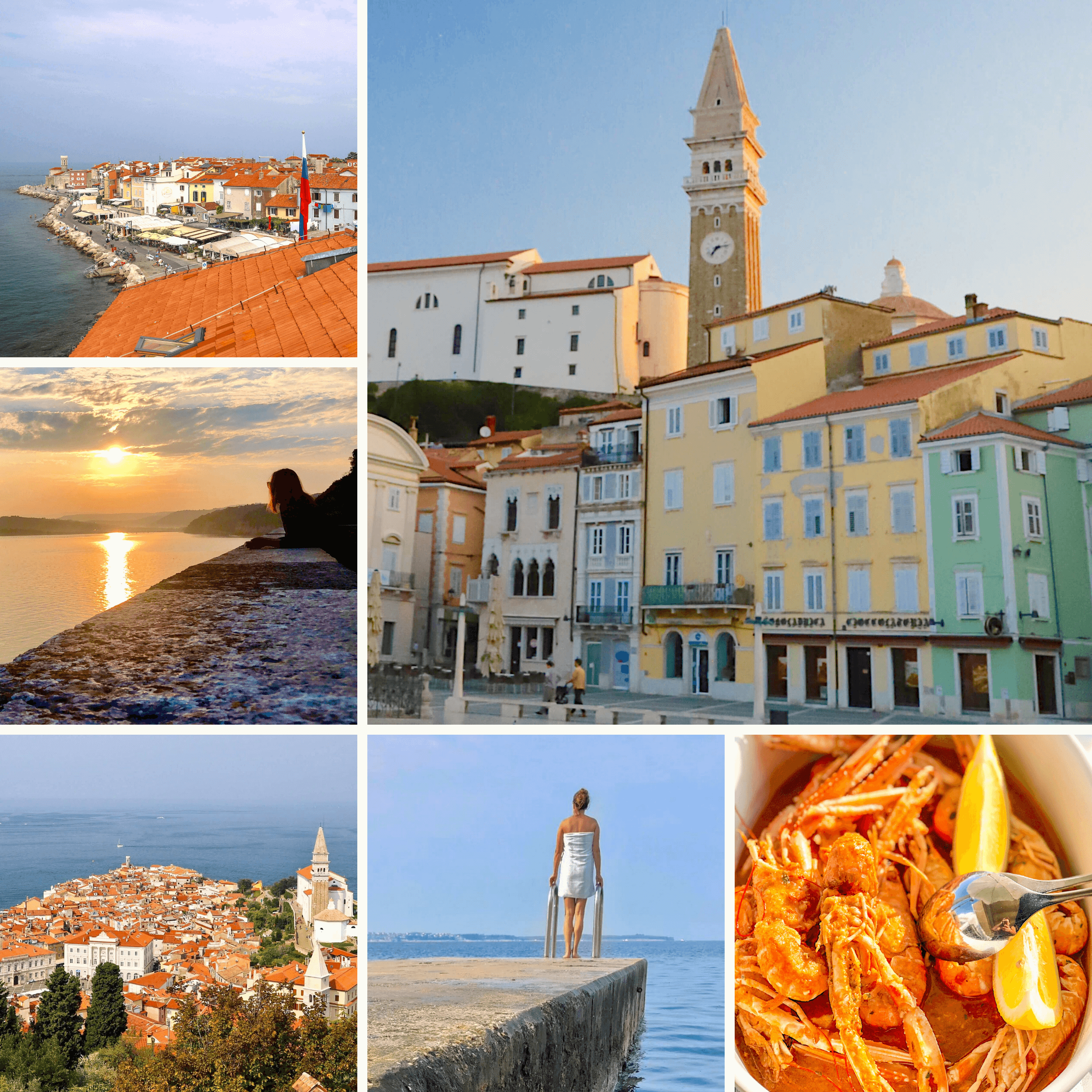 Piran Slovenia bygninger i hvitt og pastell med røde hustak og havet. 