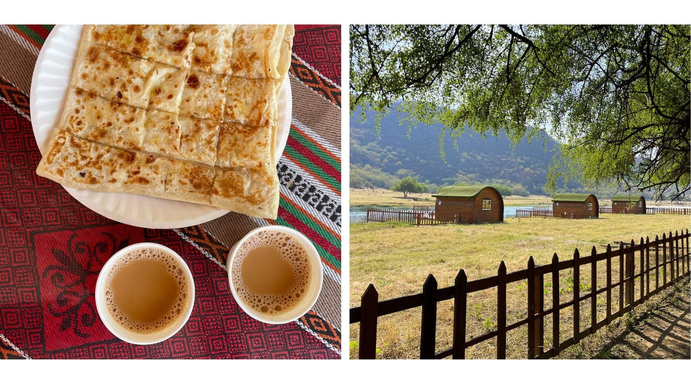 Arabisk kaffe servert i små kopper med Omansk brod og hytter i naturen