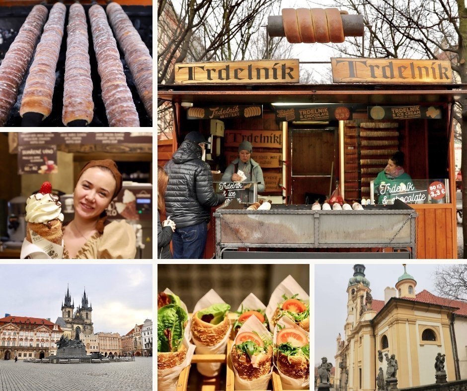 Trdelnik med is og bær eller med salat, ost og skinke i Praha. 