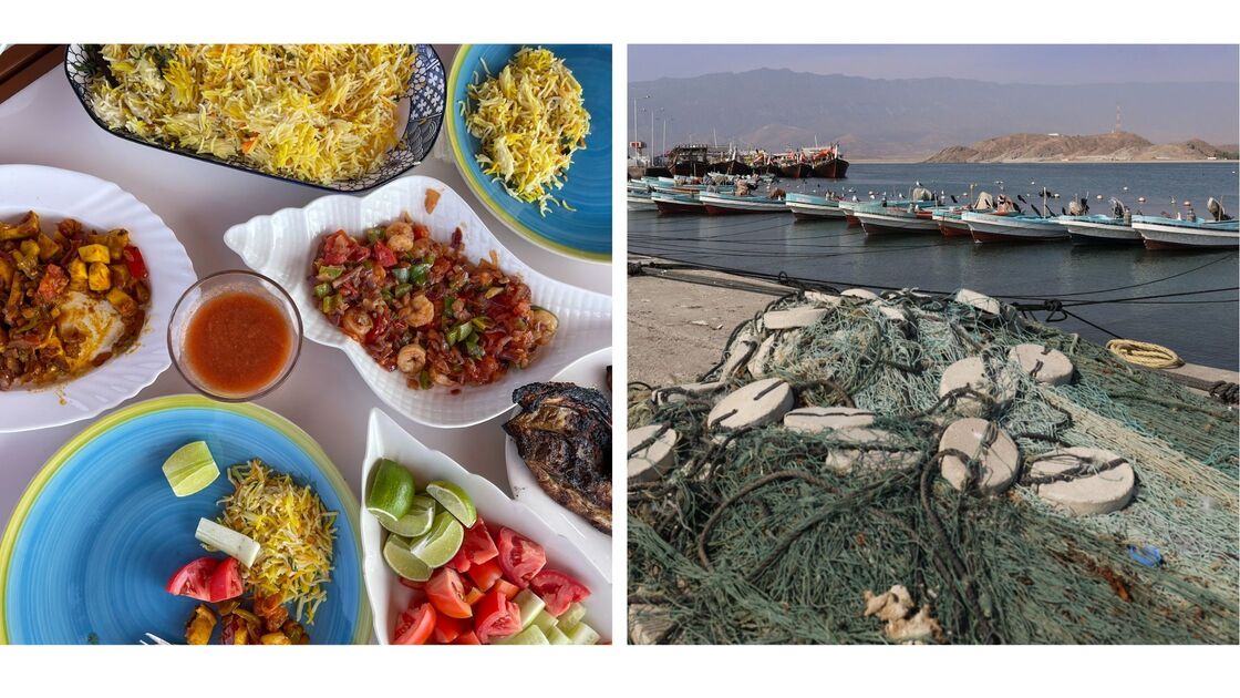 Fargerik lunch med fisk ris og gronnsaker i fiskelandsby i Oman