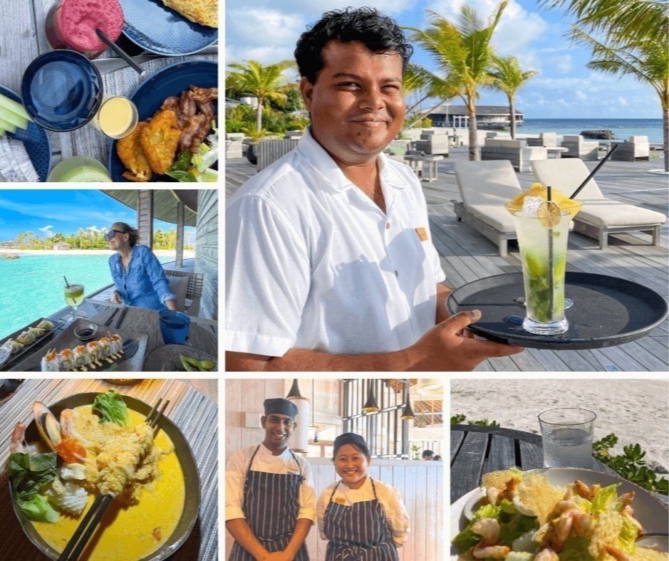 Blid servitør og blide kokker tryller frem lekre drinker og god mat på Kagi Resort Maldivene. 