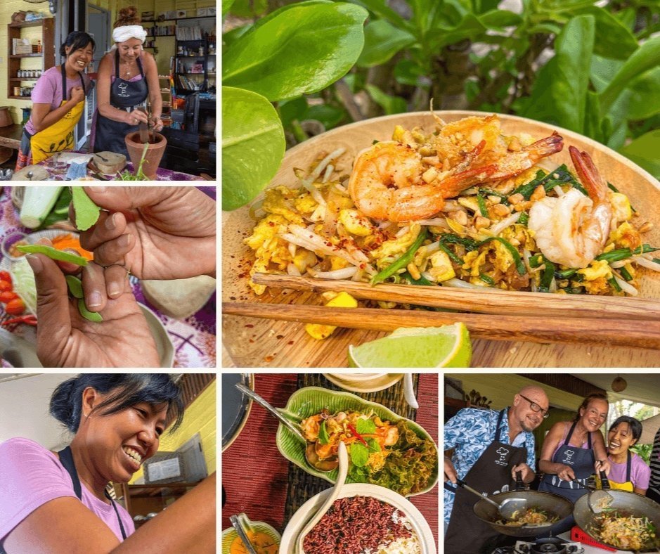 Fornøyde deltakere på Koh Mak Cooking School pad thai med reker og kylling.