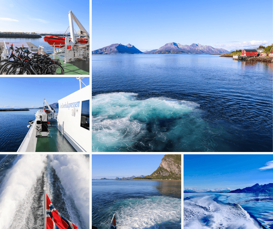 Utsikt over Steigen ombord på Nordlandsekspressen. Været er strålende, det er sol, blå himmel og blått hav. 