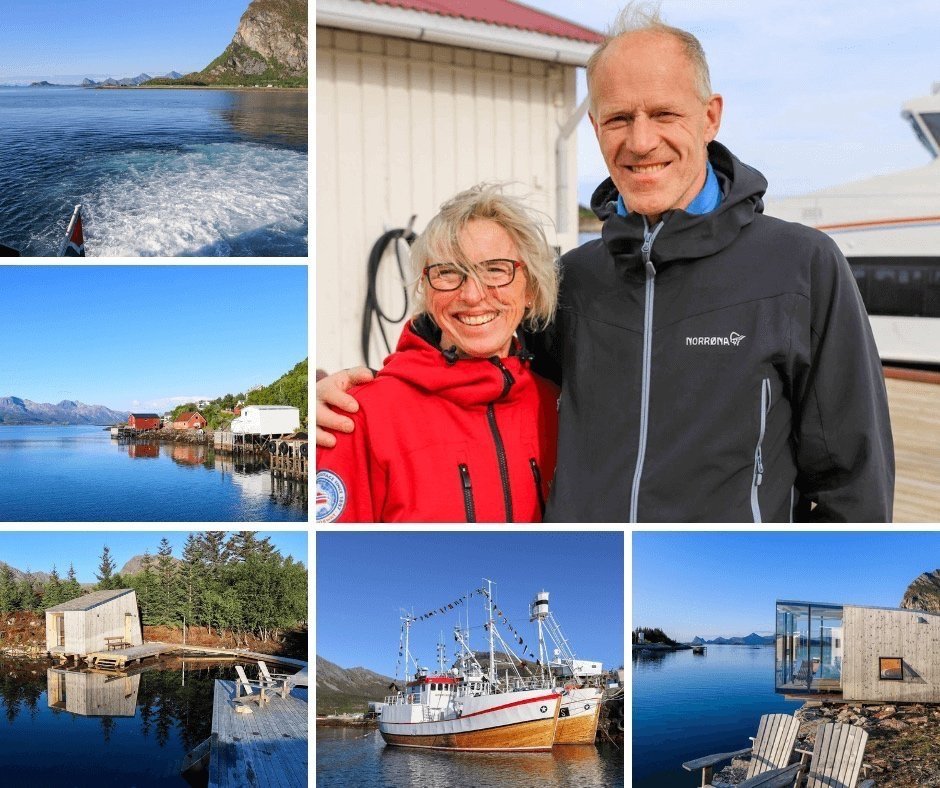 Manshausen med moderne hytter i glass og tre, polfarere Børge Ousland og Randi Skaug i Nordskott. 