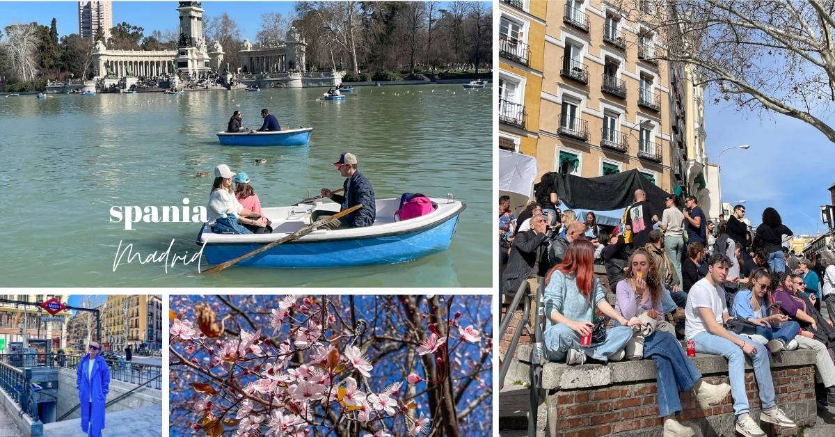 Kirebærblomstring, uteliv på en vårdag og robåter i parken i Madrid, Spania. 