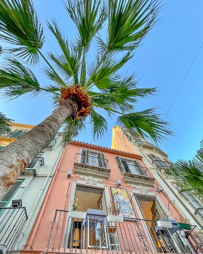 Hus i rosa, mintgrønt og gult i gammelbyen i Malaga. I forgrunnen en palme. 