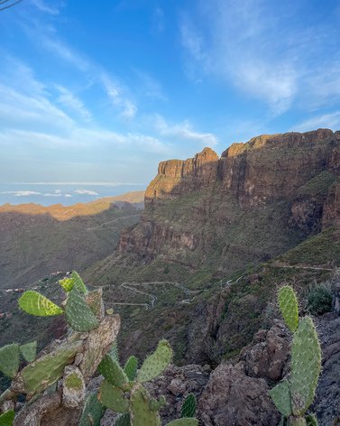 Svingete bilvei i fjellene på Tenerife. I forgrunnen kaktus. 