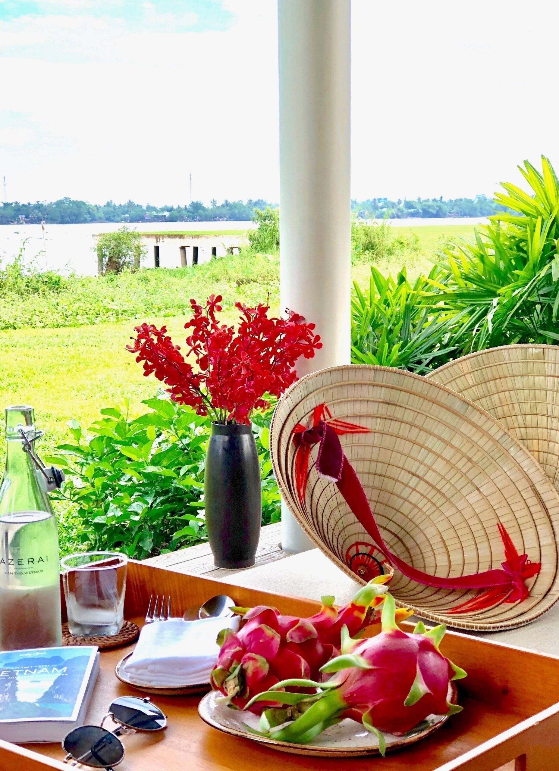 Vietnam Mekong a tray in the hotel garden with fruits, water, a book and Vietnamese hat. 