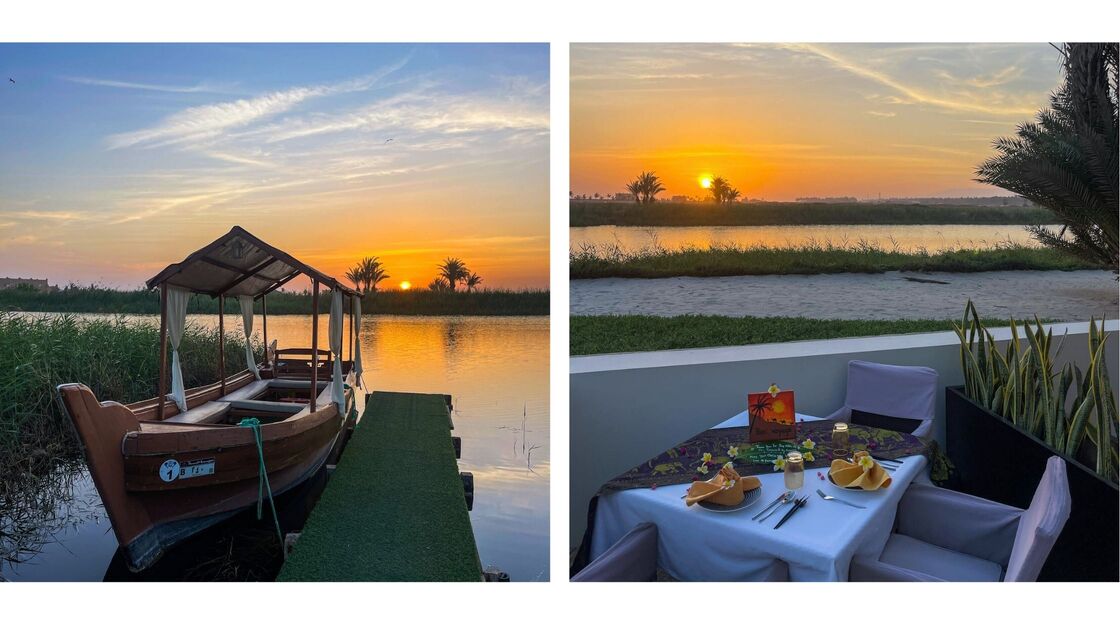 Innsjø med vakker solnedgang. Båt og et restaurantbord pent dekket. 