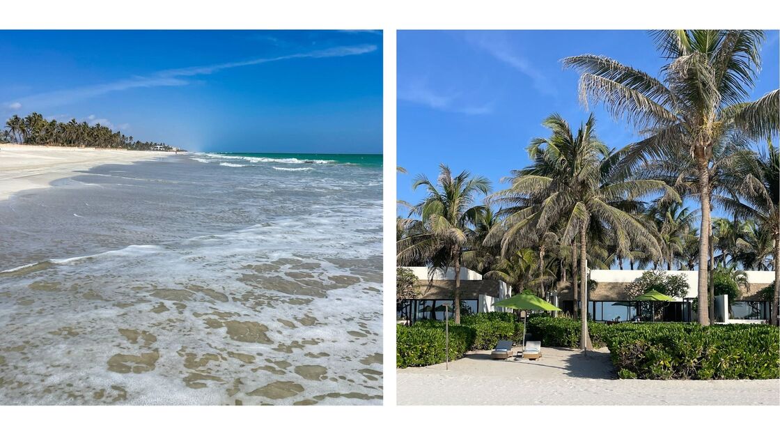 Folketom strand og villa med palmer på hotell Anantara Salalah Oman.