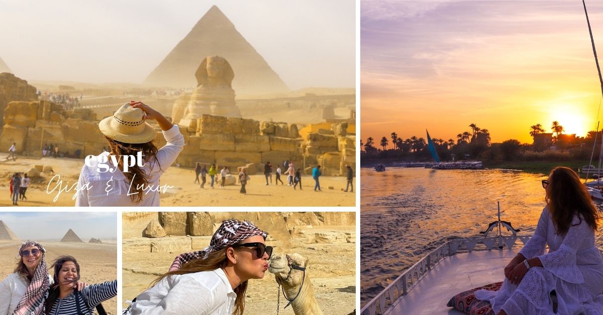 Merete Moen foran pyramidene i Giza, kysse kamel og båttur Nilen i solnedgang. 