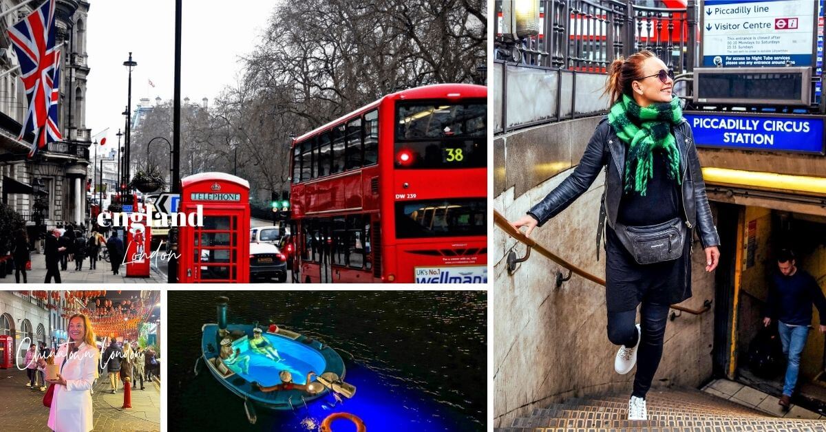 London med ikoniske røde busser, britisk flagg og rød telefonboks, dame på vei opp fra undergrunden og en jacuzzi med påhengsmotor på Themsen. 