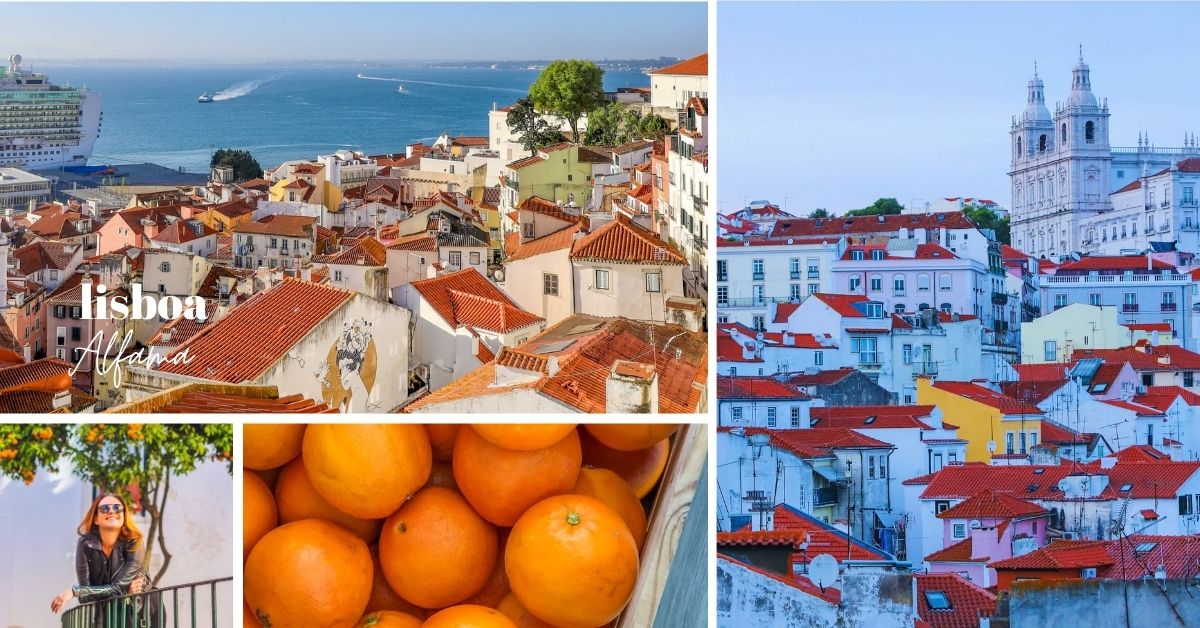 Alfama i Lisboa med orange hustak og trær med appelsiner. 