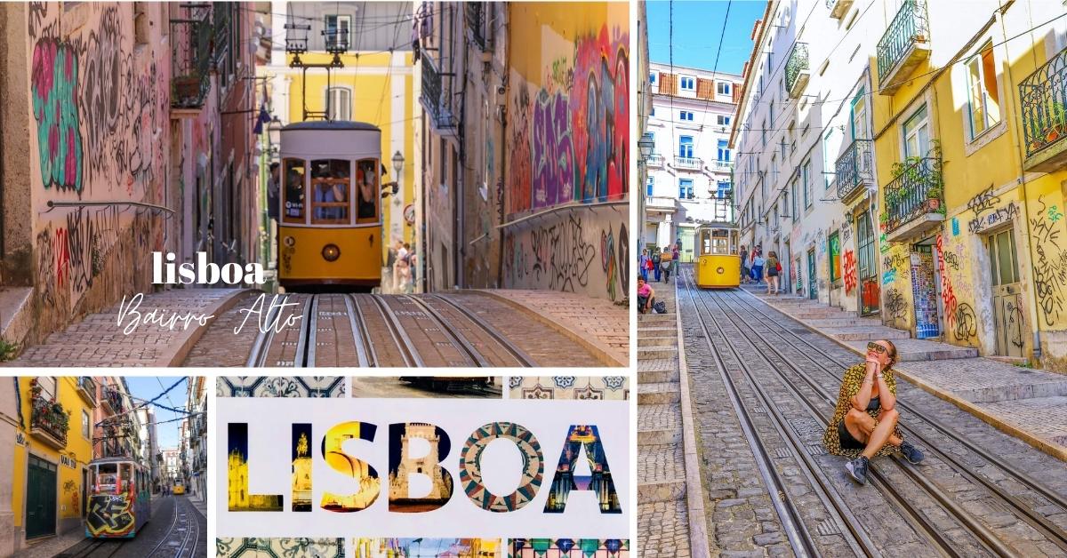 Lisboa Bairro Alto distrikt med gul trikk. Morsomt bilde av dame i gul kjole som sitter på trikkeskinnen foran trikken i den gamle bydelen. 