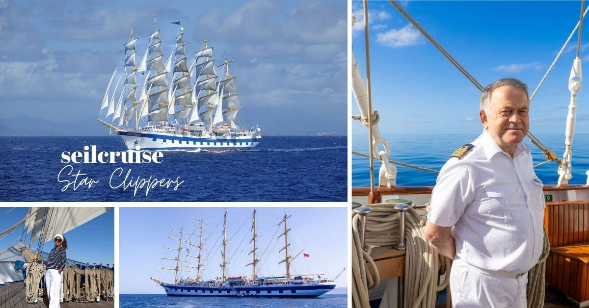 Fullriggeren Royal Clipper på cruise i Middelhavet, blid kaptein og turist på dekk i maritime klær. 