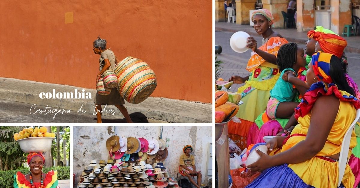 Kvinner på gaten i Cartagena Colombia. Fruktselgerne og eldre kvinne med kurver på ryggen. 