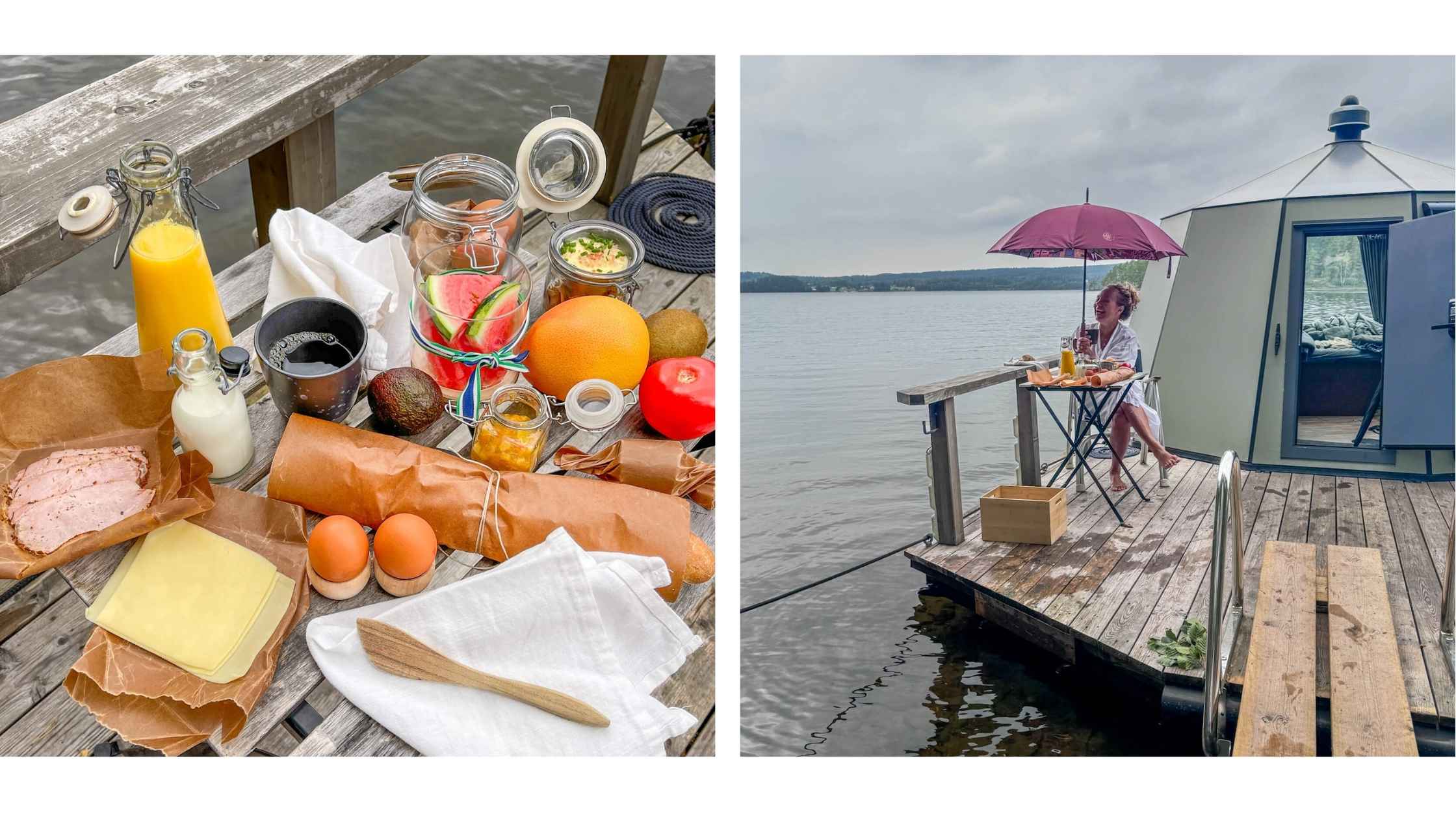 Dame på glamping, glamorøs camping. Hun spiser herlig, stor frokost med brød, egg, ost, skinke, frukt, juice og kaffe under en paraply utenfor sin flytende hytte på innsjø i Sverige.