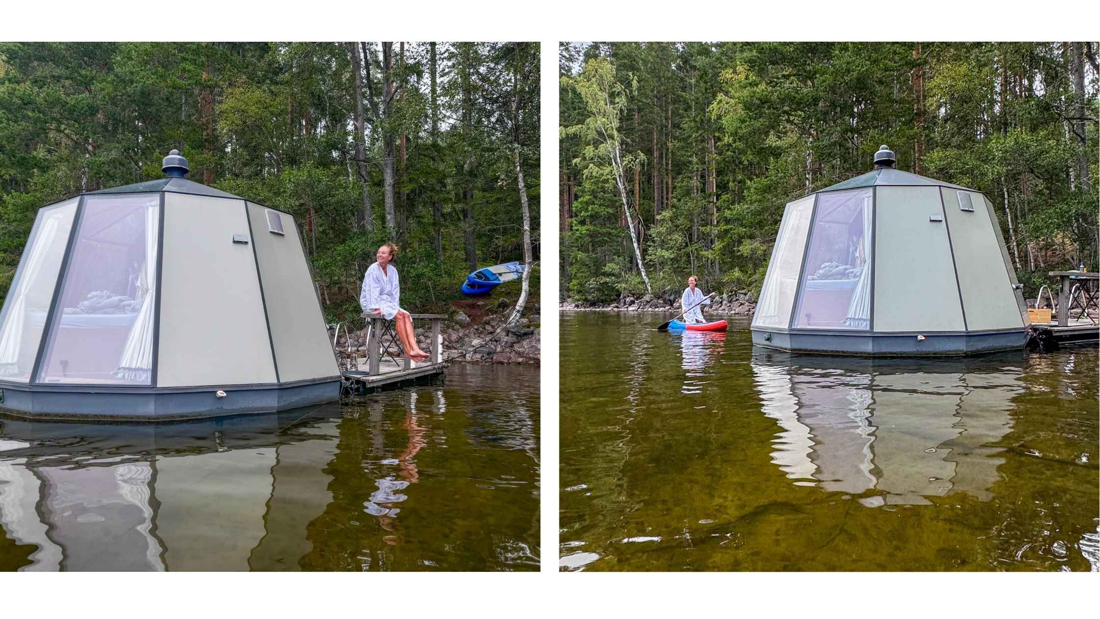 Dame utenfor sin water hut på innsjø i Värmland.