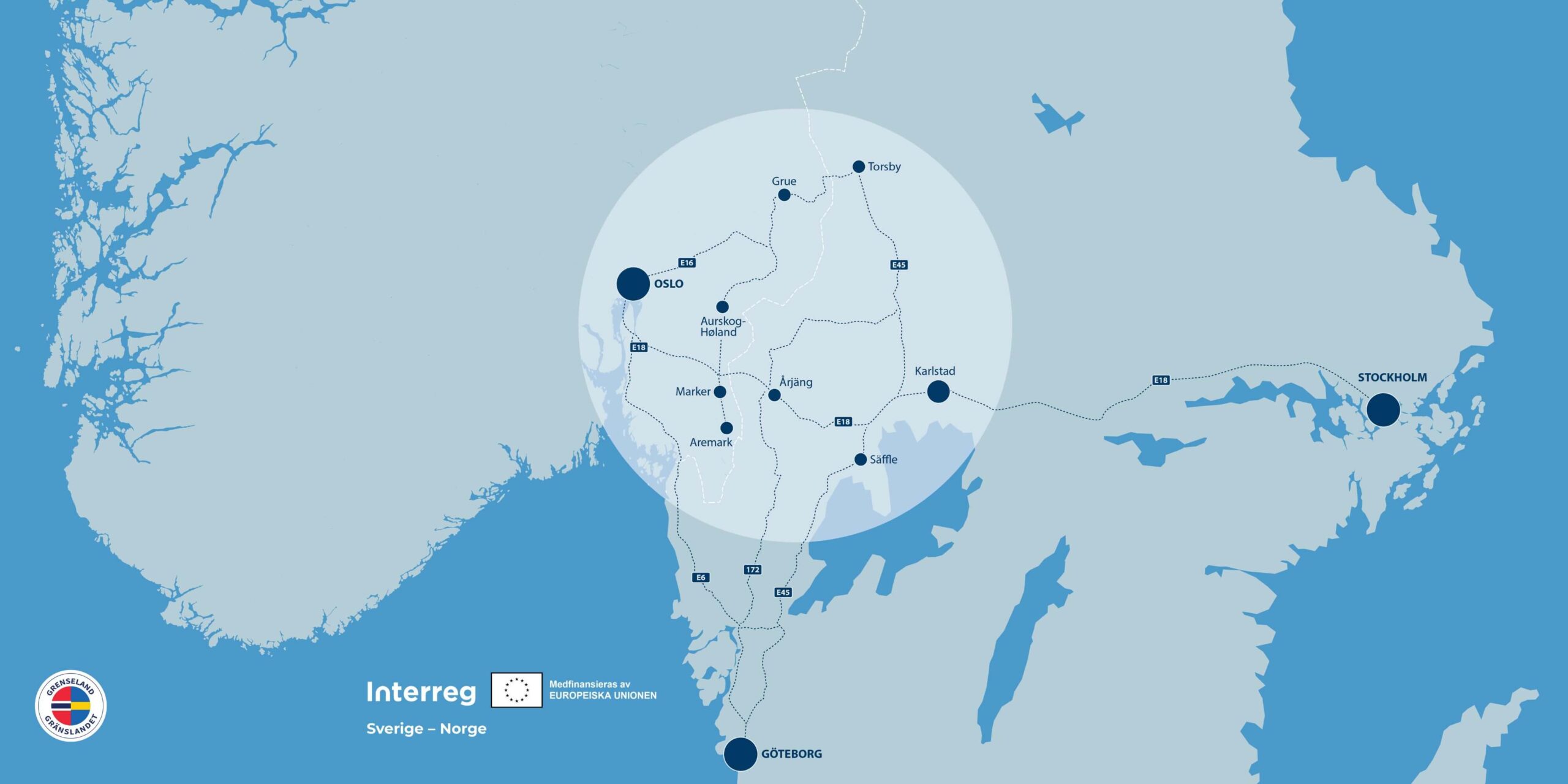 Kart fra Interreg som viser Norge og Sverige, grensen mellom landene, byene og stedene som ligger nært i reisesammenheng.