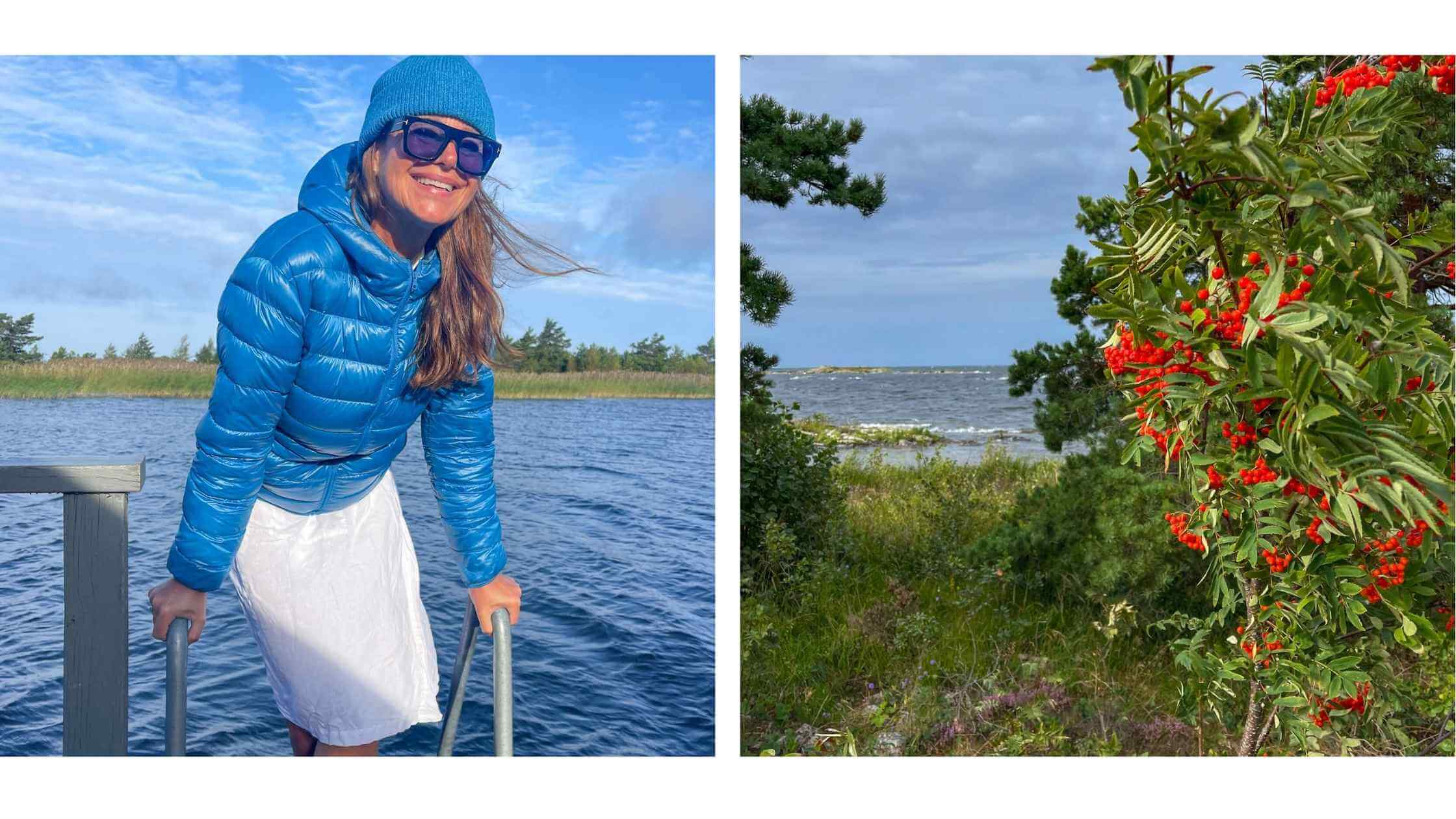 Smilende dame med boblejakke og lue tester badevannet i Vänern. 